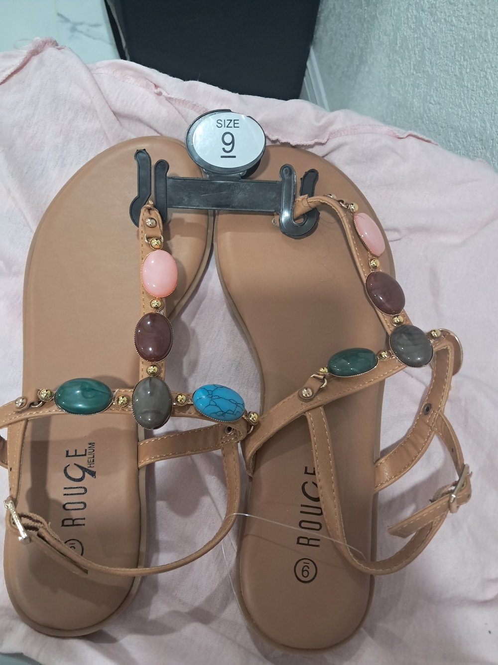 Rouge Helium Tan Jeweled T-Strap Sandals with Multicolor Stones